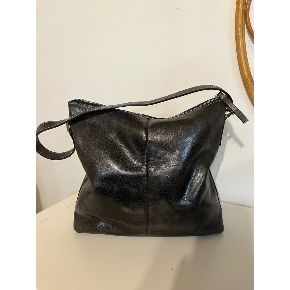 Banana Republic Factory Black Cow Leather Shoulder Bag Hobo Zip Top Stitching